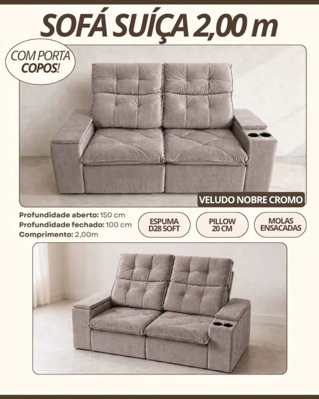 Sofá suíça 2.00m com molas ensacadas 