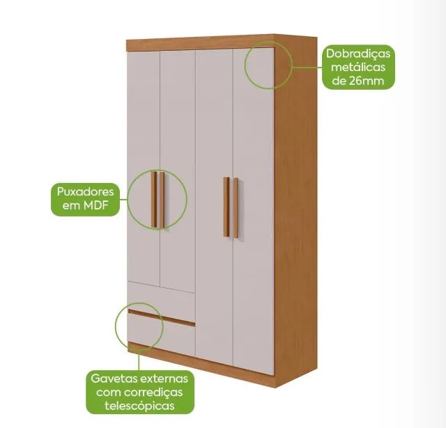 Guarda Roupa 4 Portas Compact 119 Amêndoa Off White - Foto 3