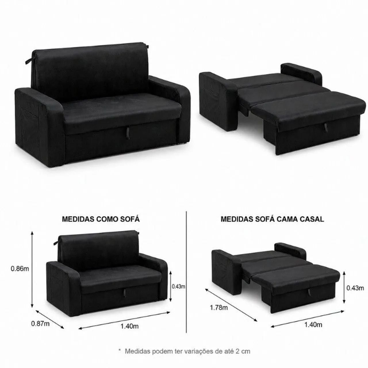 Sofá Cama com Baú Veludo Preto - Foto 5