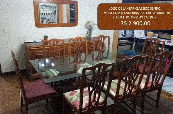 Mesa de Jantar com 8 cadeiras, balcão e espelho