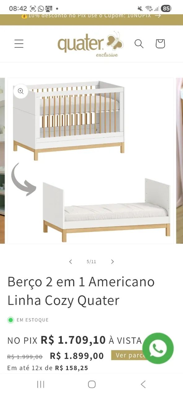  Berço Cozy Quater vira caminha laca e madeira