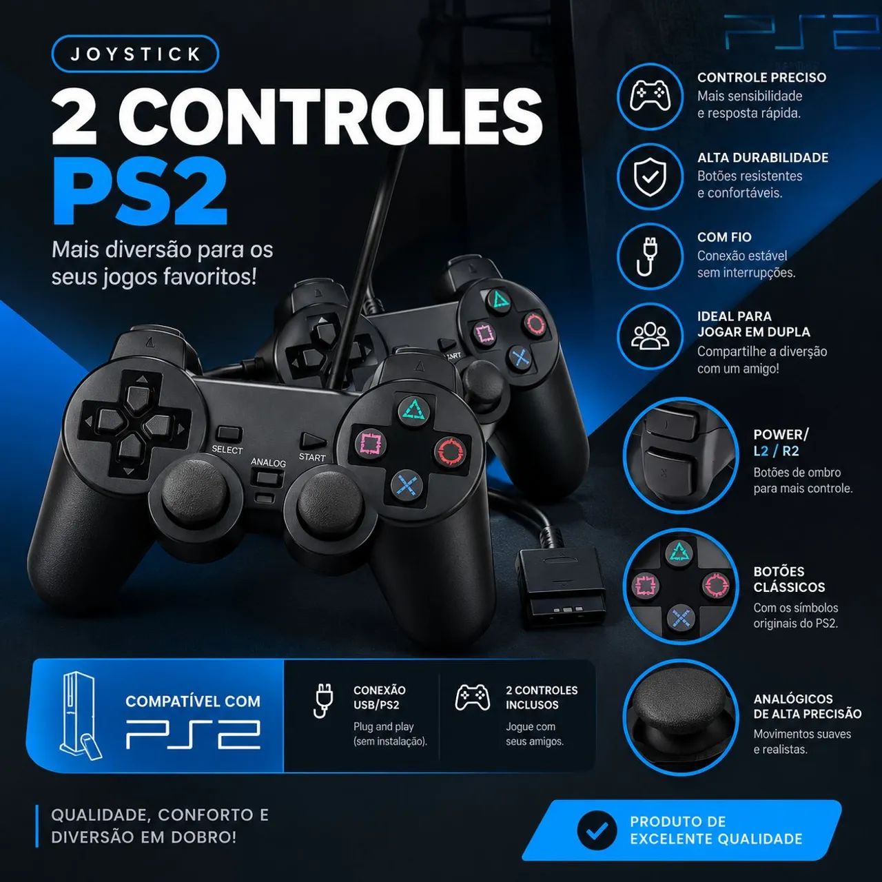 Conjunto 2 Controles Joystick com Fio para PS2