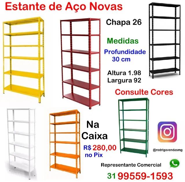 Estante Prateleira de aço vermelha branca azul casa moveis estoque loja auto escola sala