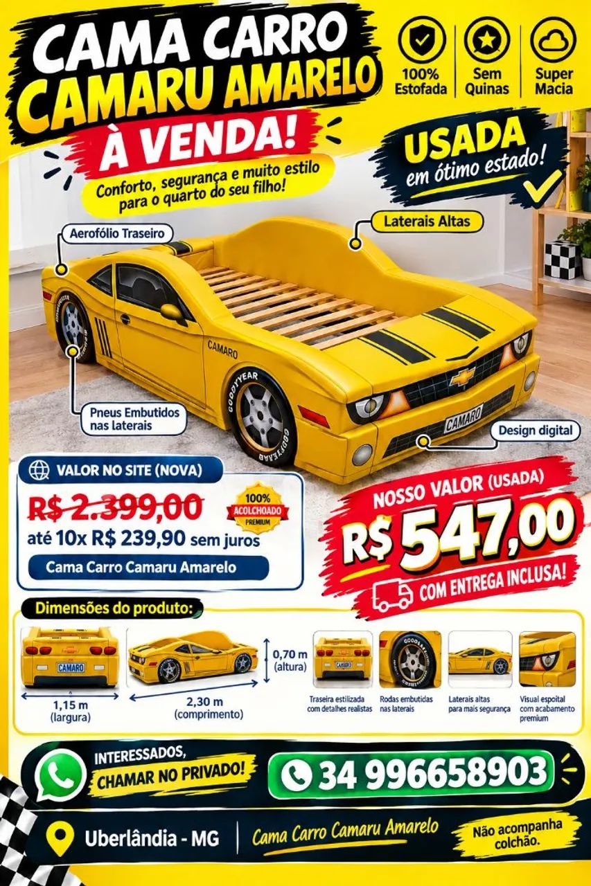 Cama Solteiro de Carro Camaro Amarela Estofada! - Entrega  Grátis 