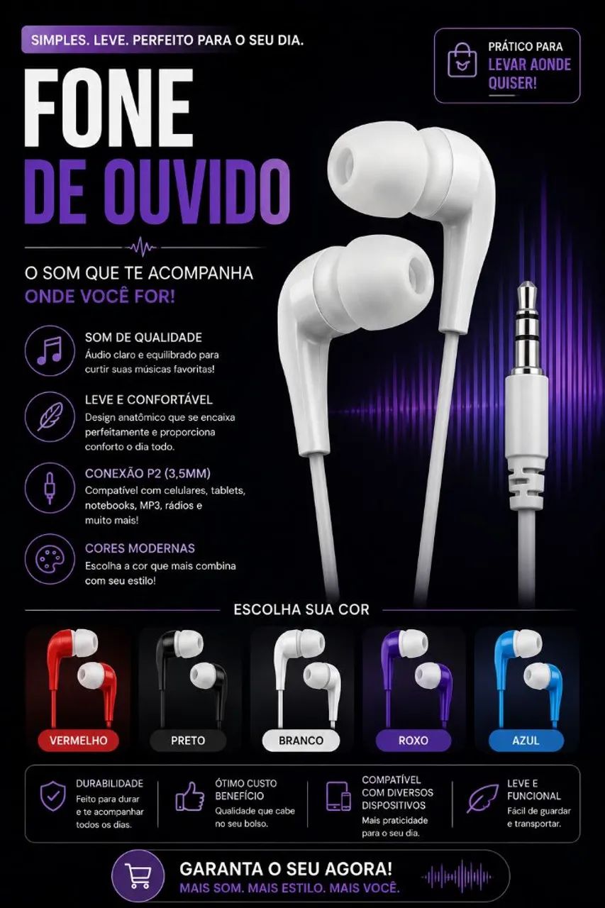 Fone de ouvido simples 100% novo escolha sua cor