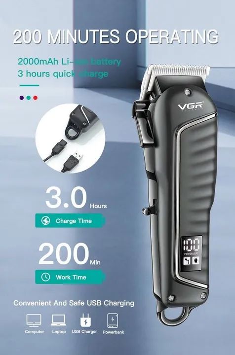 Máquina de Cortar Cabelo Profissional Vgr versão black/Display em led/ lâmina aço carbono - Foto 5