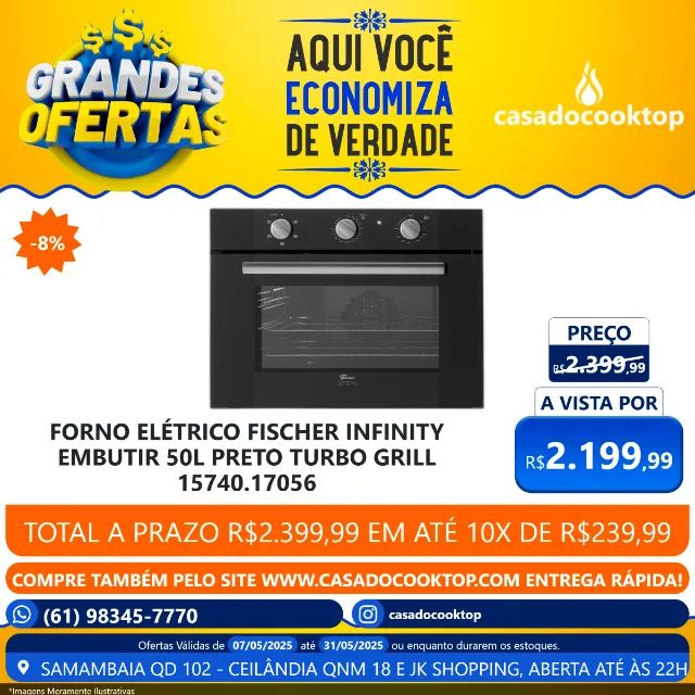 Forno eletrico fischer infinity embutir 50l preto turbo grill
