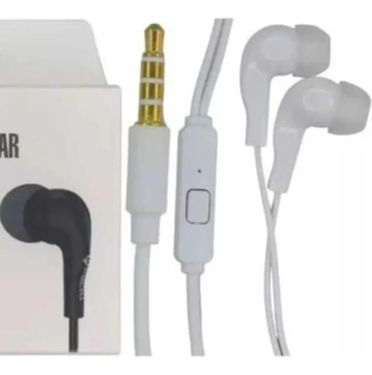 Fone de ouvido com fio branco.