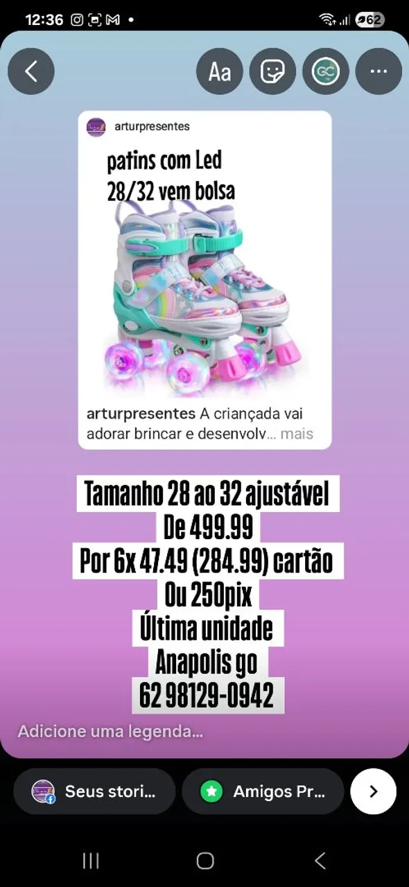 Patins com Led com bolsa preco de custo