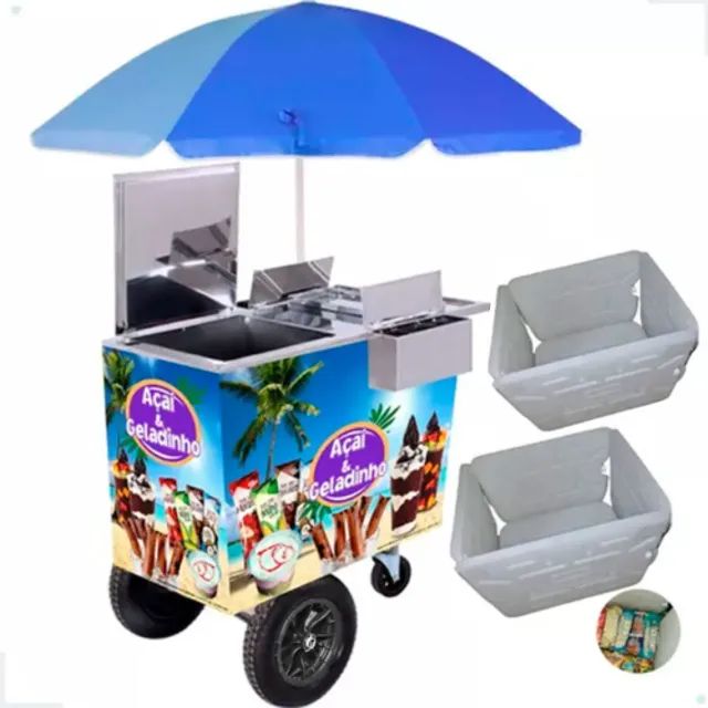 Carrinho De Açai Dindin Gourmet Picolé Com Guarda-sol Inox  + 2 Kit Placa Gel de Gelo - Foto 6