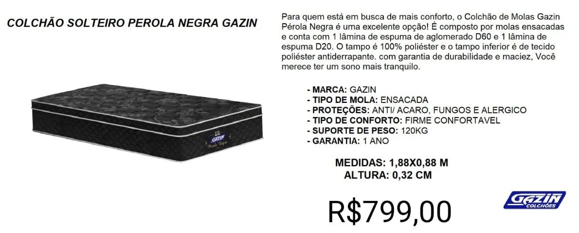 COLCHÃO SOLTEIRO GAZIN 32CM ALTURA 