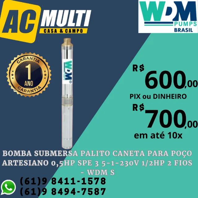 Bomba submersa palito caneta para poço artesiano 0,5hp SPE 3 5-1-230V 1/2HP 2 Fios - WDM S