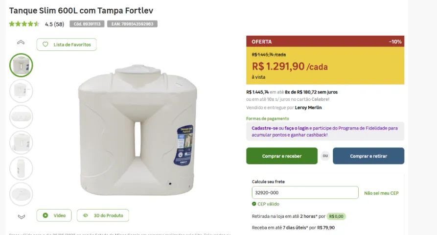 Tanque Slim Fortlev 600 Litros - Novo