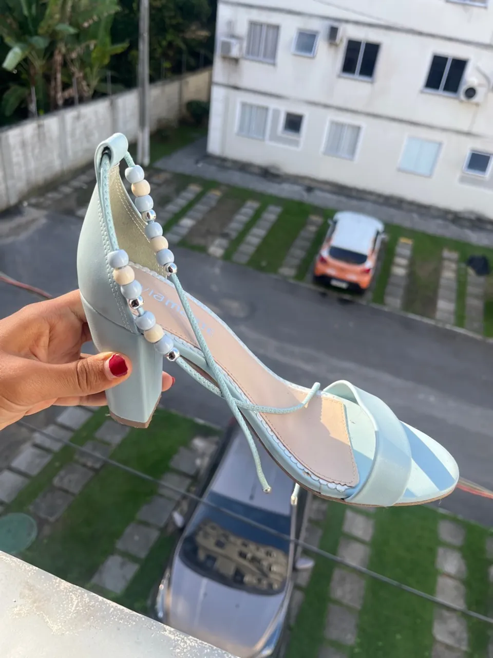 Sandália Salto Bloco Azul Bebê com Detalhes