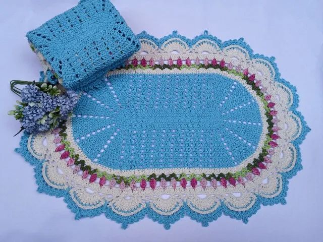 Jogo de banheiro Hellen Azul 3 peças de Crochê - Foto 2