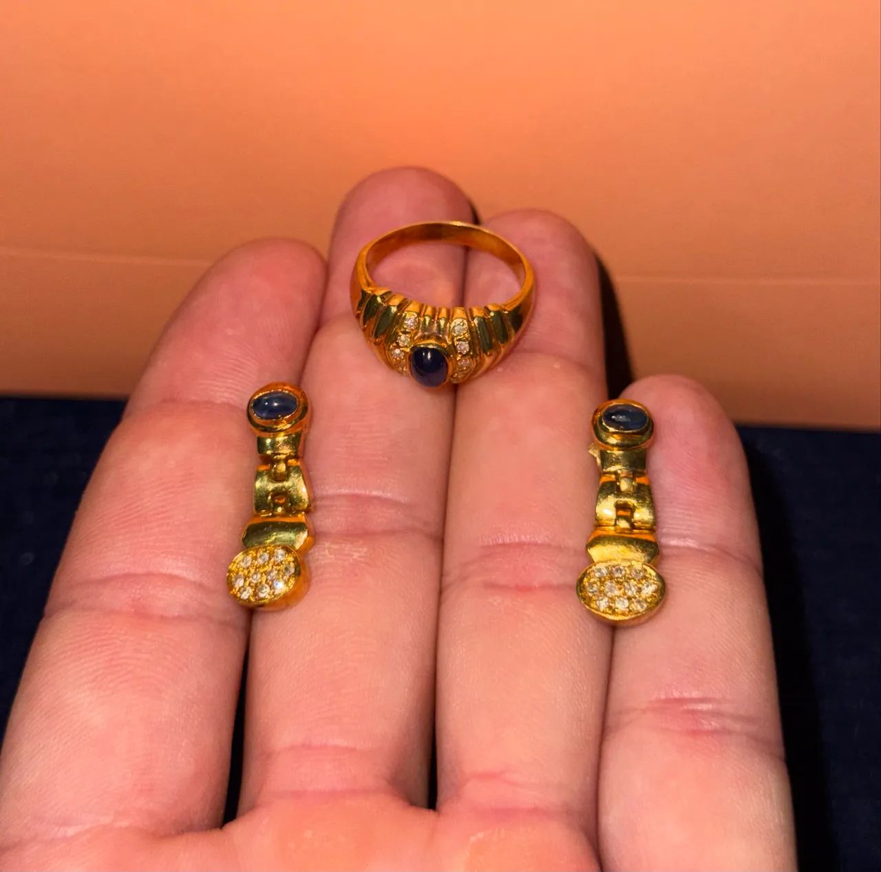 Anel e Brincos De Ouro 18k Com Safira Luxuoso!  