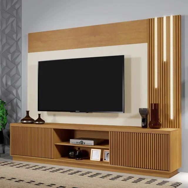 Estante Home Valência 2 Portas Ripadas Para Tv até 75 Polegadas Com Led Cacata - Bordinhon - Foto 2