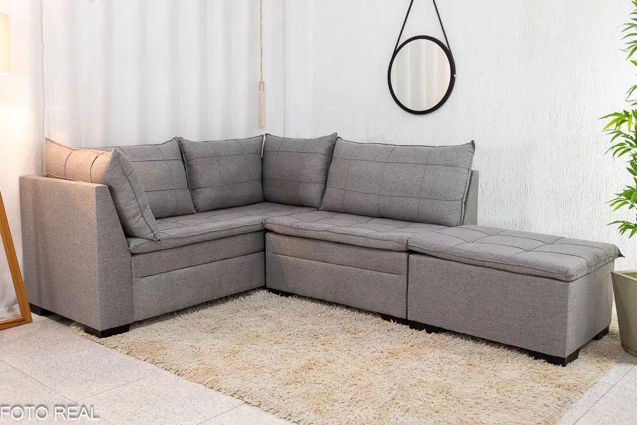 Sofá Canto 5 lugares com Puff Canadá  Linho Cinza rf87