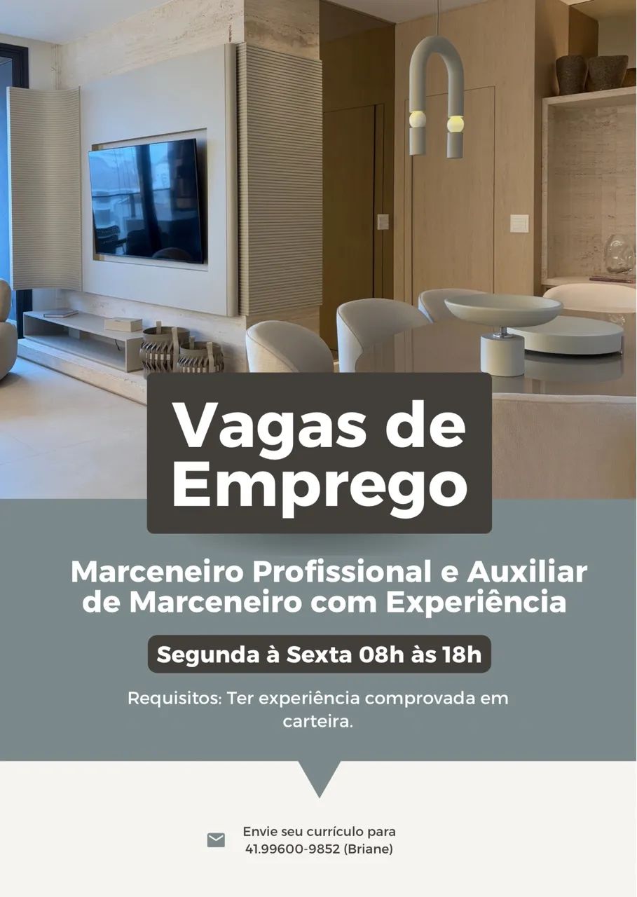 VAGA DE EMPREGO - MARCENEIRO PROFISSIONAL E AUXILIAR DE MARCENEIRO