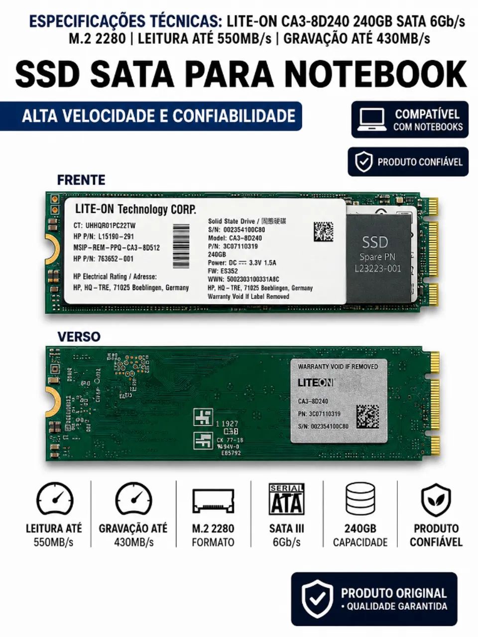 SSD M.2 SATA Lite-On 240GB 2280 SATA III Para Notebook e Desktop