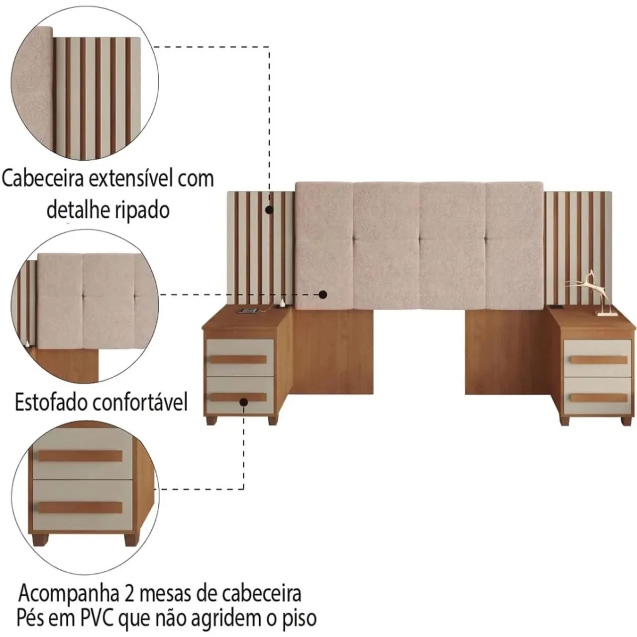 Cabeceira Suíça com Tomada e 2 Mesas de Apoio Ripado Estofado  / pronta entrega  - Foto 3