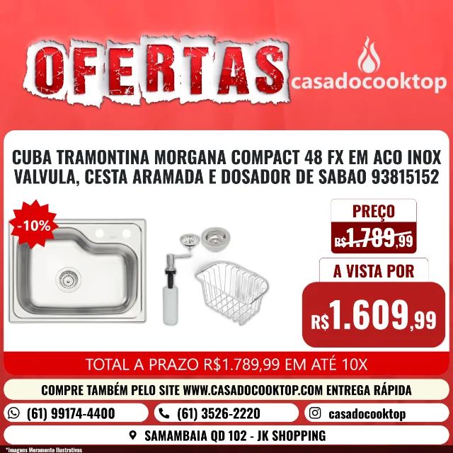 CUBA TRAMONTINA MORGANA COMPACT 48 FX EM ACO INOX+VALVULA,CESTA ARAMADA E DOSADOR DE SABAO
