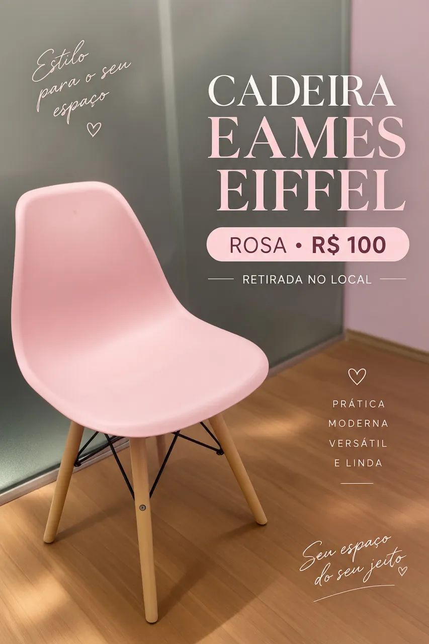 Cadeira Charles Eames Eiffel DSW Rosa com Pés de Madeira