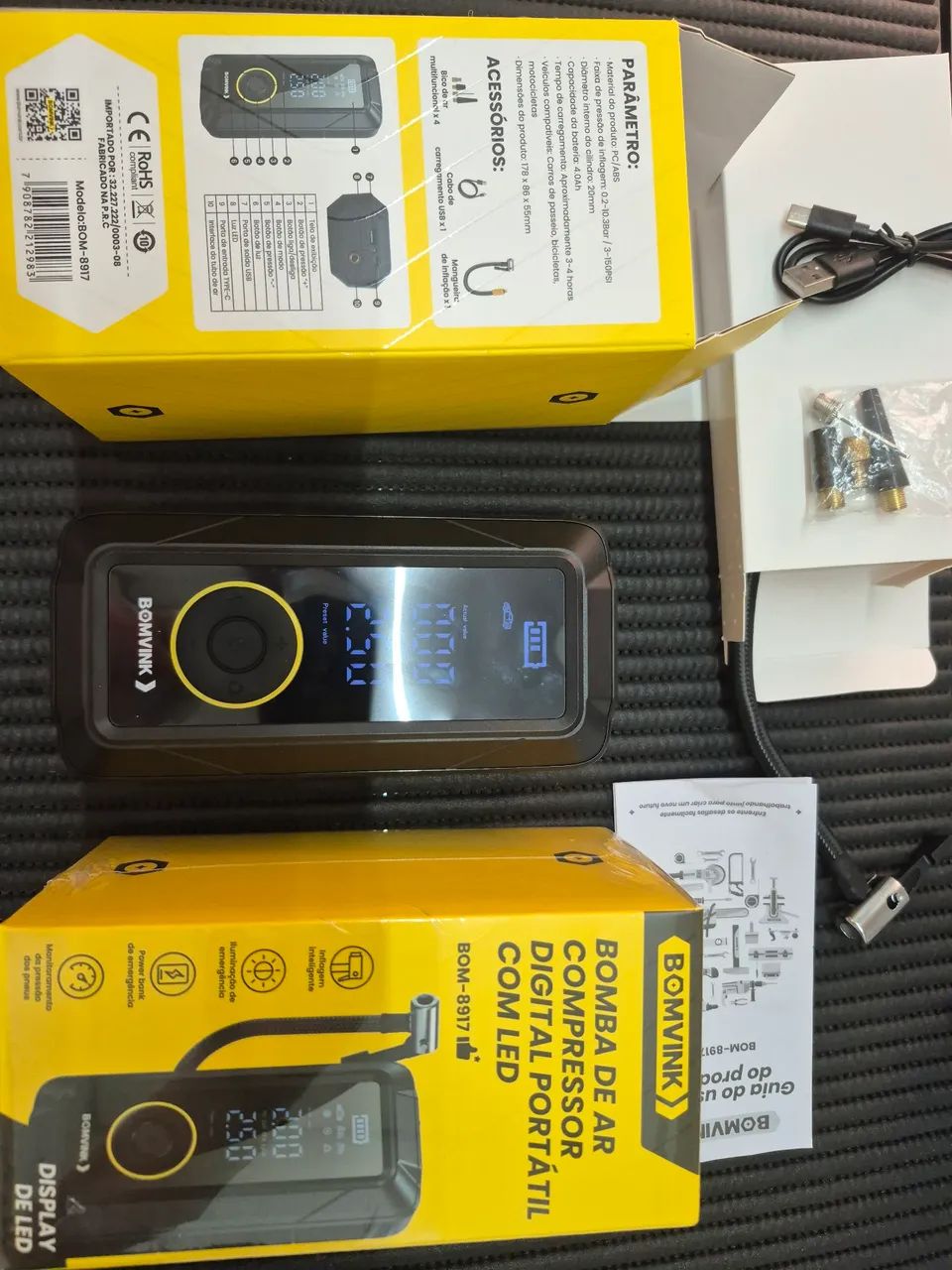 Bomba de ar compressor digital portátil com led