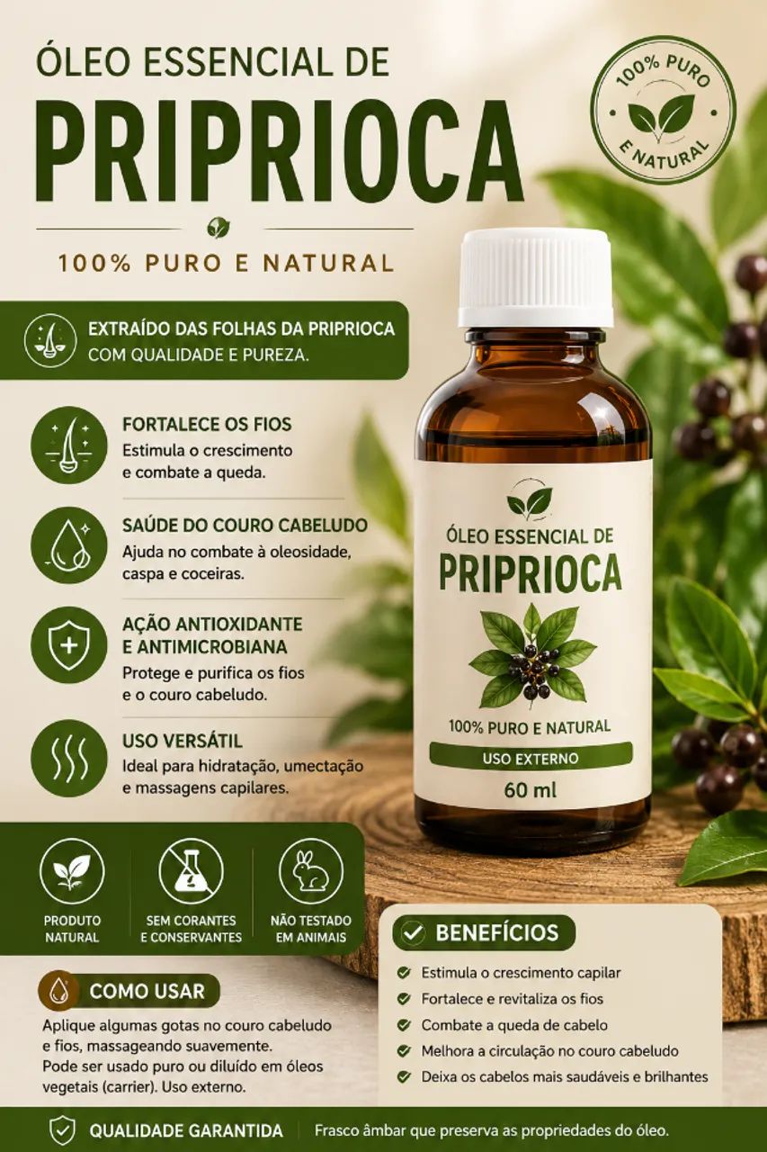 Óleo Essencial de Priprioca 60 ml - TOTALMENTE PURO 