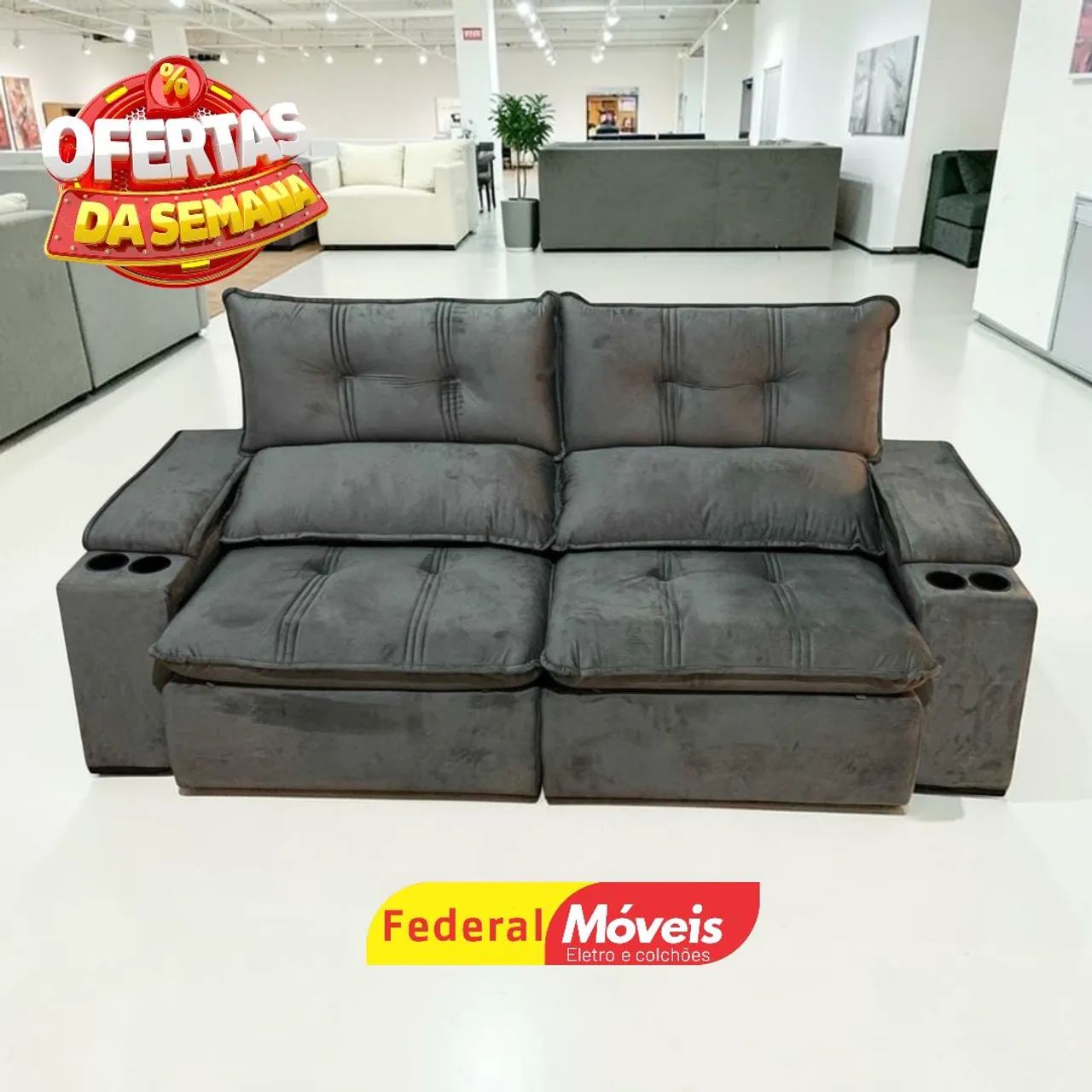 Sofá Retrátil Design Moderno Porta Copos Embutidos 2,25m - Mega Oferta!