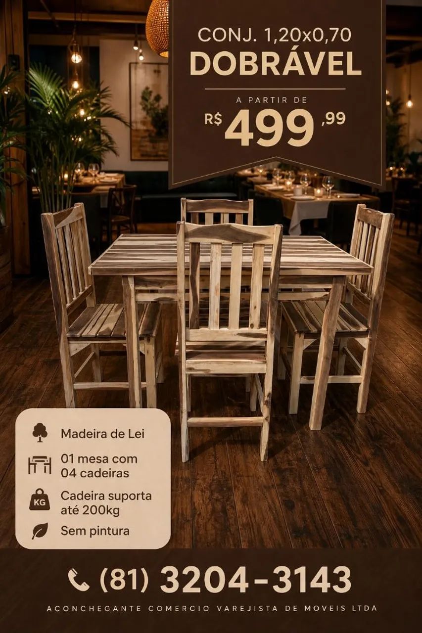 Mesa e cadeiras de madeira de lei maciça 