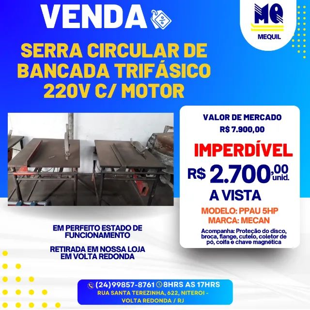 Serra circular de bancada com motor trifásico 3 CV 2 Polos 3.500 RPM