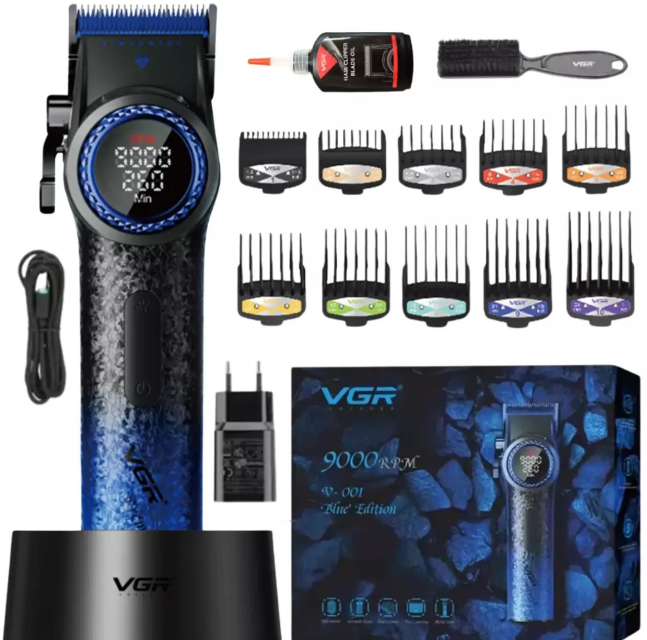 Maquina Cortar Cabelo Vgr V-001 Blue Edition Motor Brushless 9.000 RPM 21 Velocidades