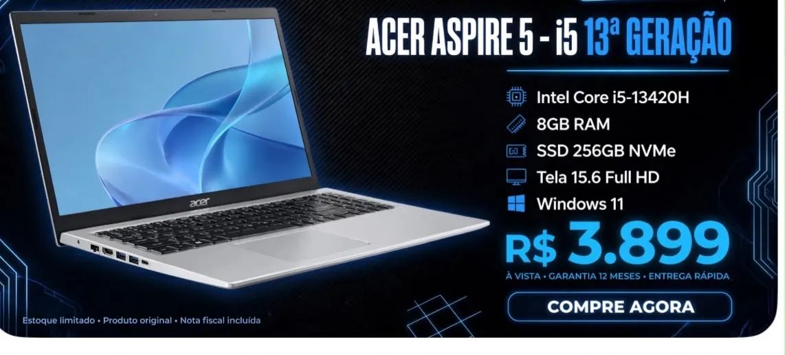Acer máquina com 512 SSD 8 RAM i7 13 geração impecável - Notebooks