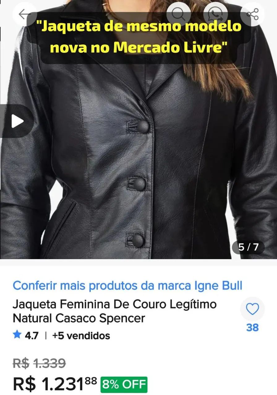 jaqueta 100% Couro Legítimo Feminina Semi-nova e sem detalhes - Foto 4