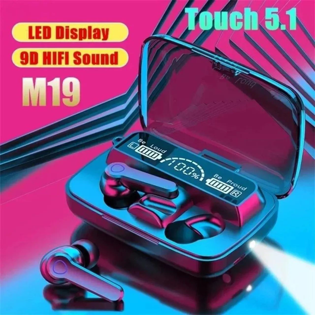 FINE DE OUVIDO BLUETOOTH M19 TWS HD SOUND TOUCH CONTROL COM CASE LED P/ ANDROID E IOS