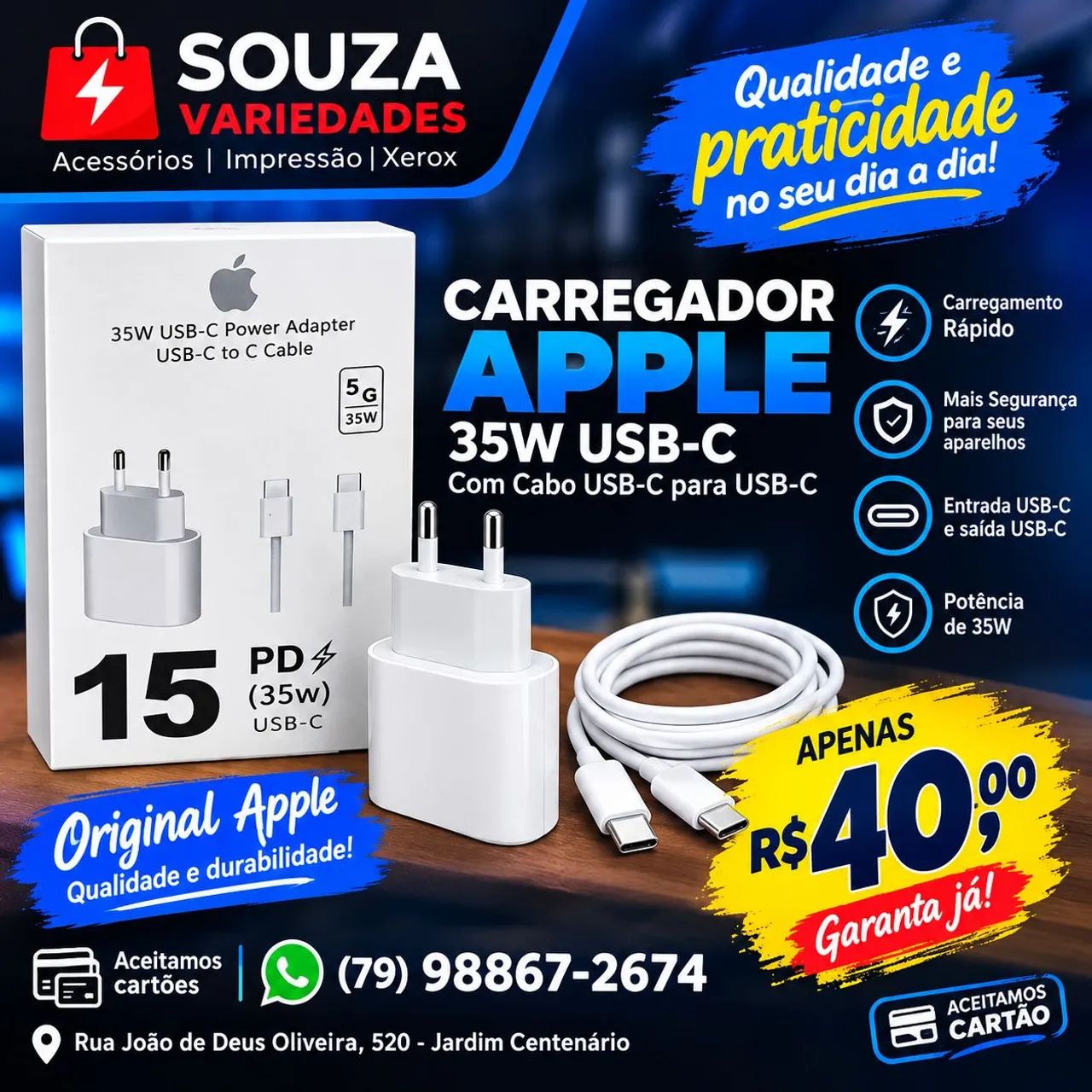 Carregador para iPhone tipo C / tipo C