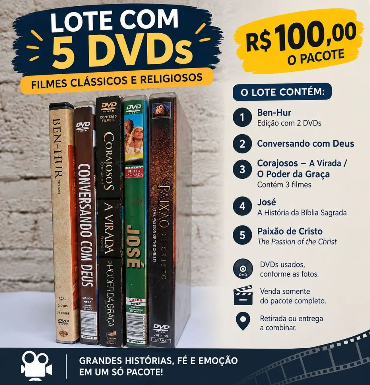 Lote com 5 DVDs - Filmes Clássicos e Religiosos |
