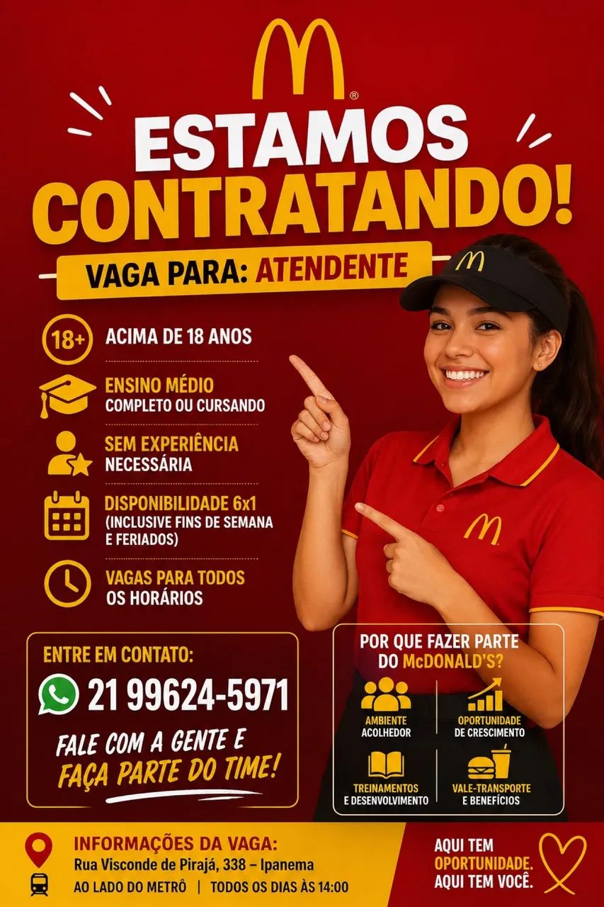 Vaga de atendente de restaurante e partaime para o McDonald?s de Ipanema