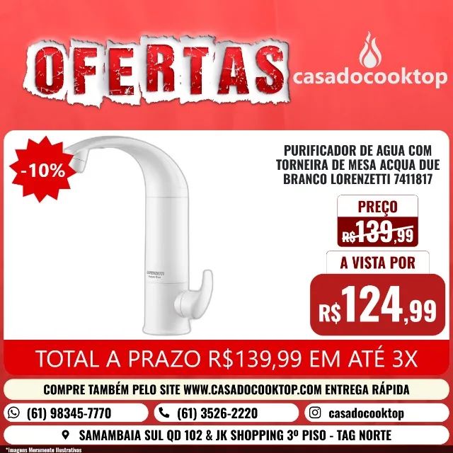 PURIFICADOR DE AGUA COM TORNEIRA DE MESA ACQUA DUE BRANCO LORENZETTI 7411817