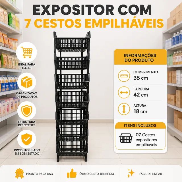 Kit 7 Cesto Expositor Plastico Médio Gondola Empilhavel