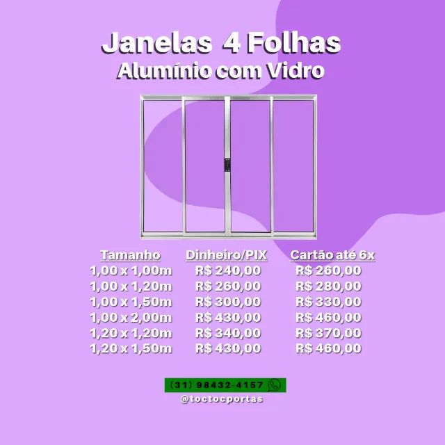 Janelas 4 Folhas de alumínio com vidro - Foto 2