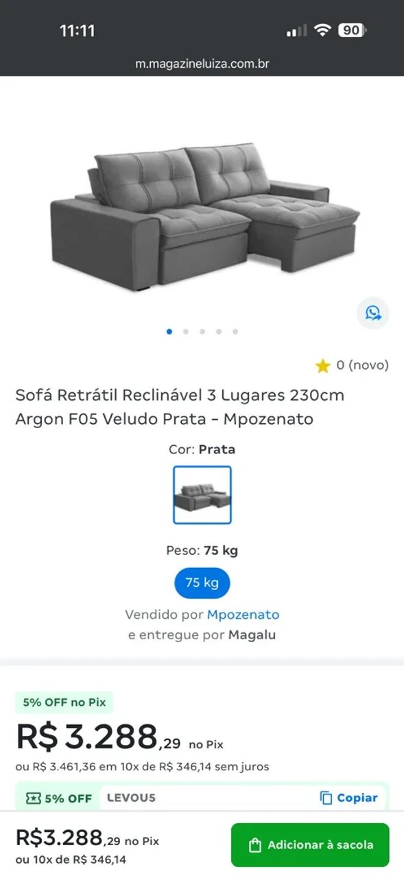 Sofá Retrátil e Reclinável - 2,34m | Cinza - Foto 4