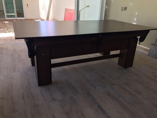 Mesa de Sinuca Madeira Maciça Tabaco Tecido Preto Bordas Amarelas Modelo PAD2254 - Foto 6