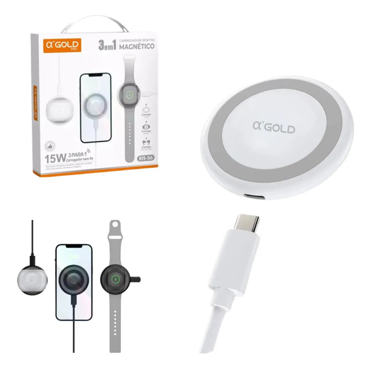 Carregador Magnético 3 em 1 para Smartwatch, Celular e Fones de Ouvido - Novo - Foto 2