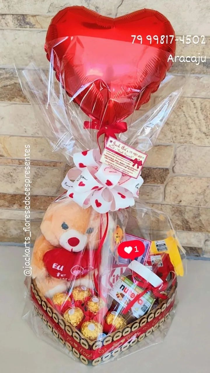 Cesta de chocolate, mini buquê de bombons, pelúcia, balão - Foto 2