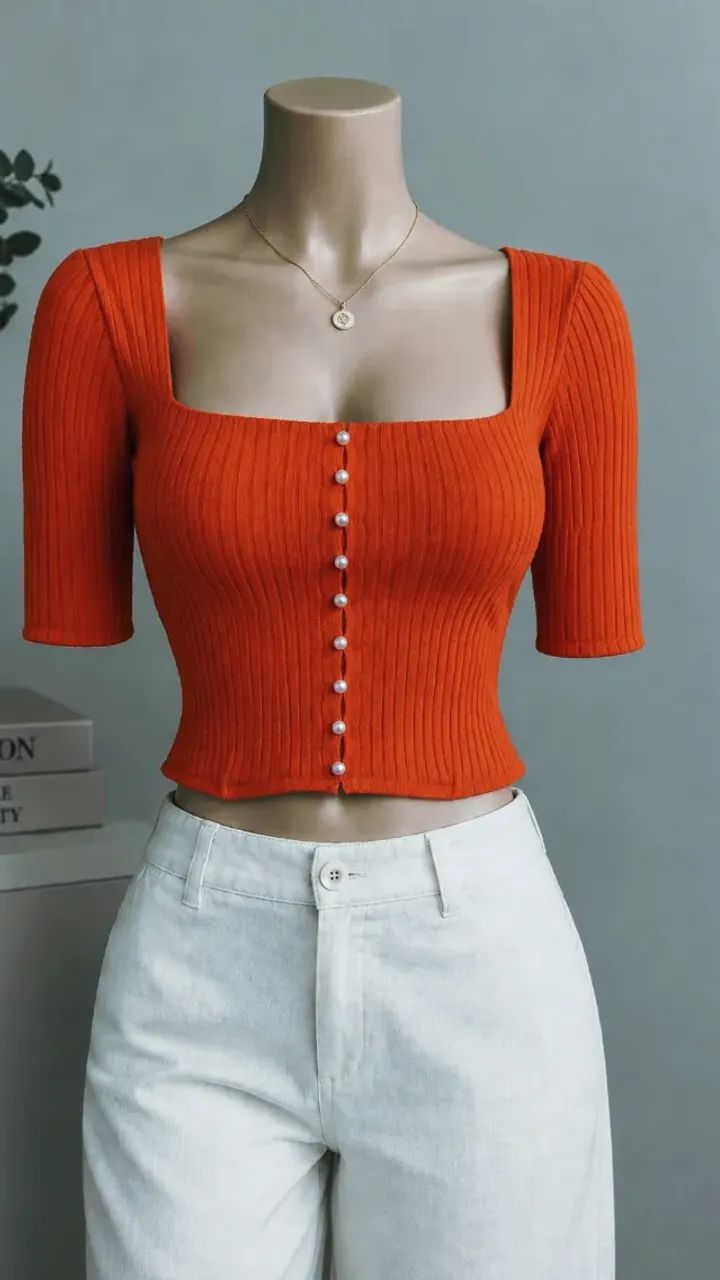 blusa feminina canelada laranja  - Foto 2