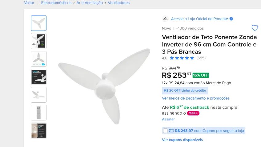 VENTILADOR DE TETO PONENTE 3 PÁS E 2 LÂMPADAS COM CONTROLE