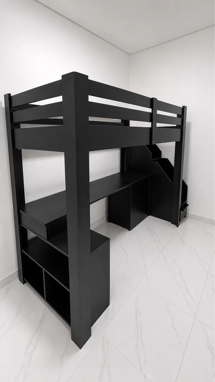 Cama Suspensa Preta com Escrivaninha e Gavetas - Foto 5