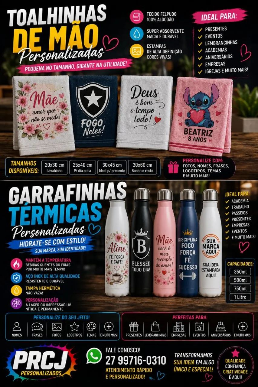 Toalhinha de mão e garrafinha térmica 